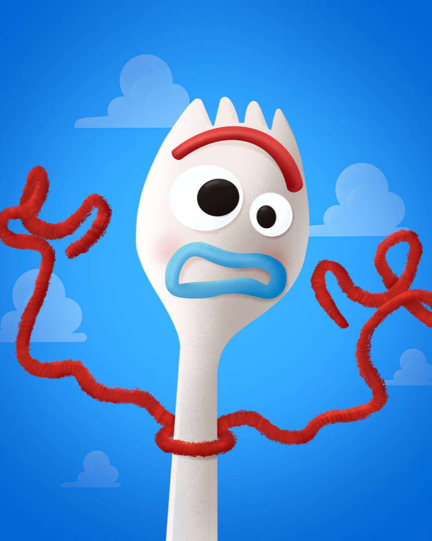 Forky from Toy Story 4 with cloud wallpaper background.